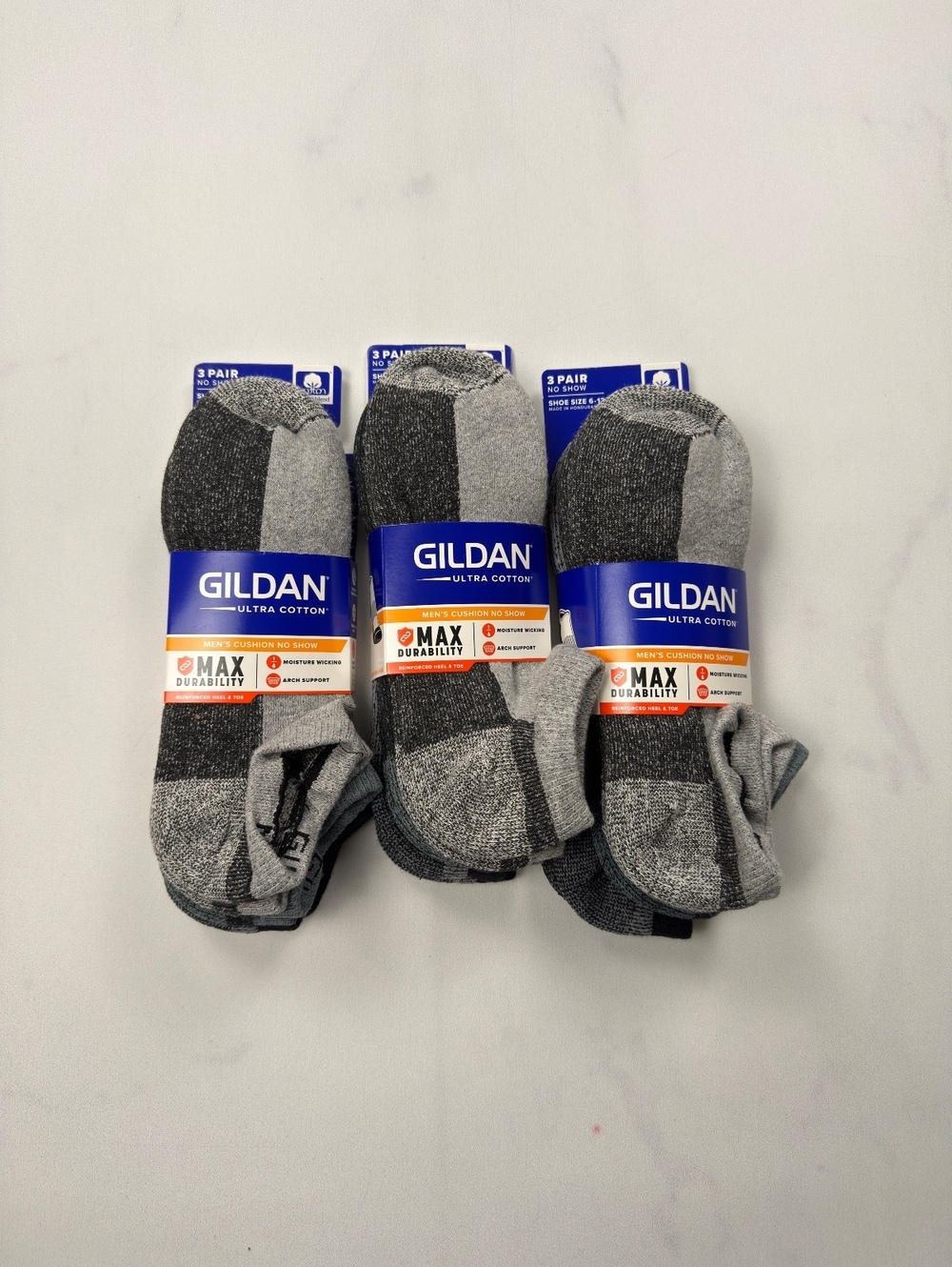 Gildan No Show Socks Gray Black 3 Pair Lot of 3 - Mens 6-12 NWT